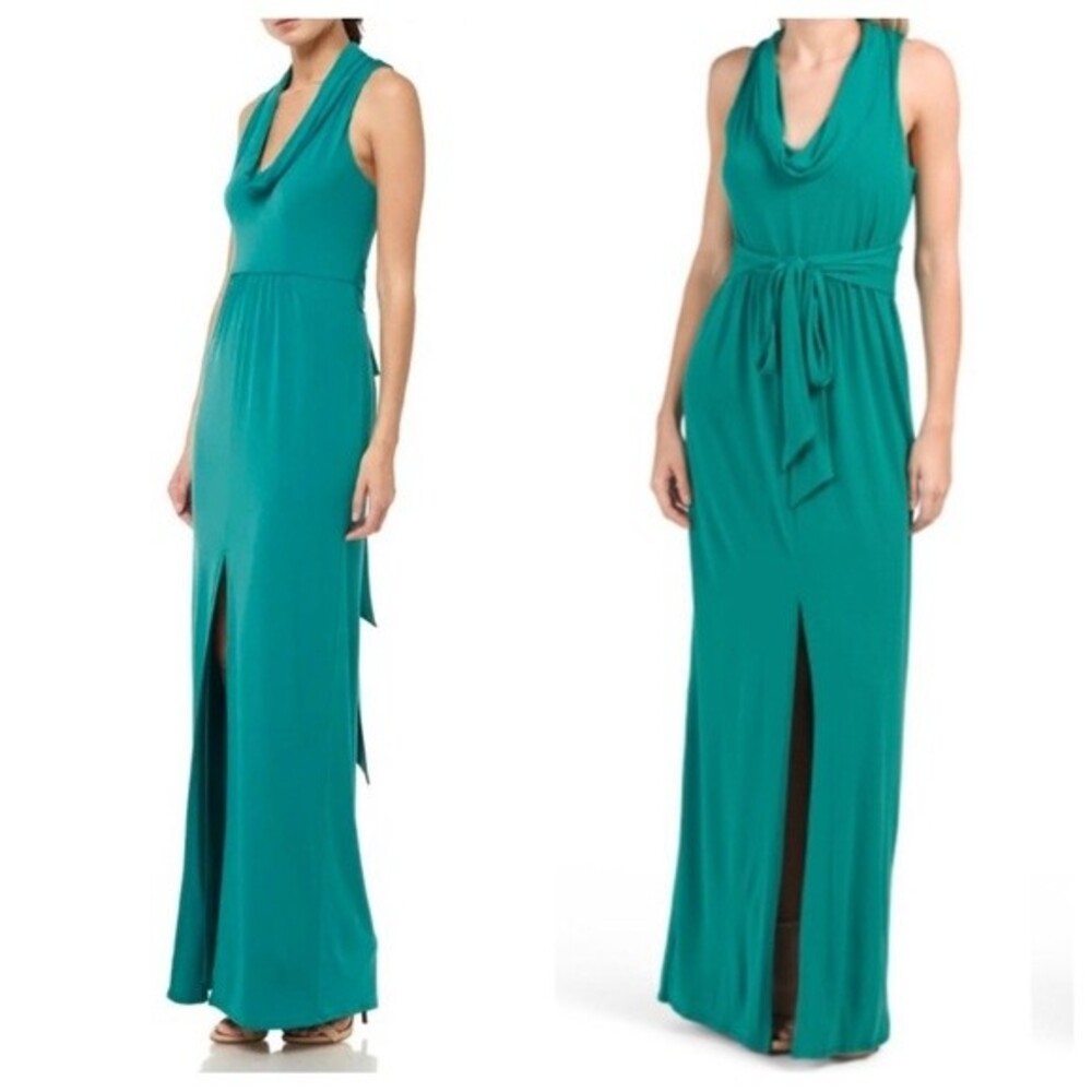 Halston Heritage Gown Column Maxi Dress Draped Cowl Neck Jersey Knit Green NWT S